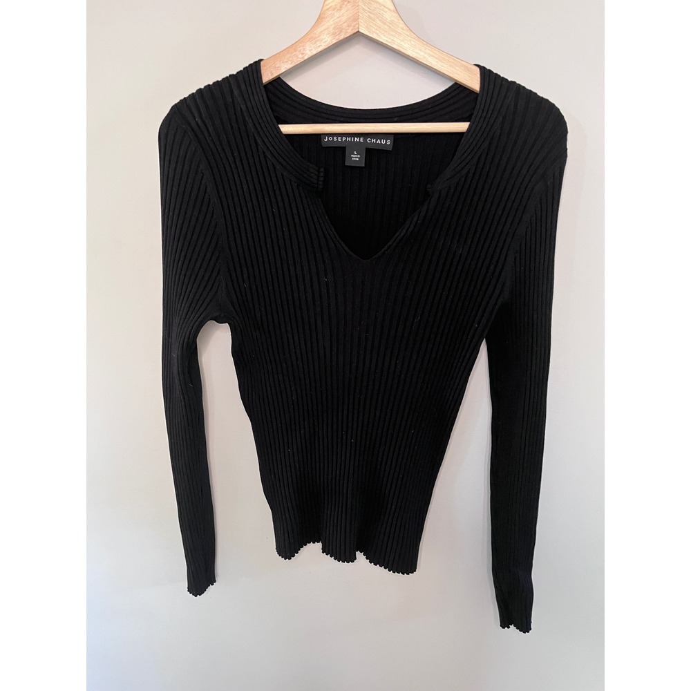 Josephine Chaus Black Silk Blend Ribbed‎ Notched V-Neck Long Sleeve Top Large